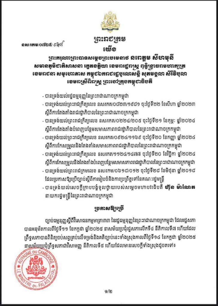 ព្រះរាជក្រម ប្រកាសឱ្យប្រើ ច្បាប់ធម្មនុញ្ញស្តីពីវិសោធនកម្មមាត្រា៣៣ នៃរដ្ឋធម្មនុញ្ញនៃព្រះរាជាណាចក្រកម្ពុជា។